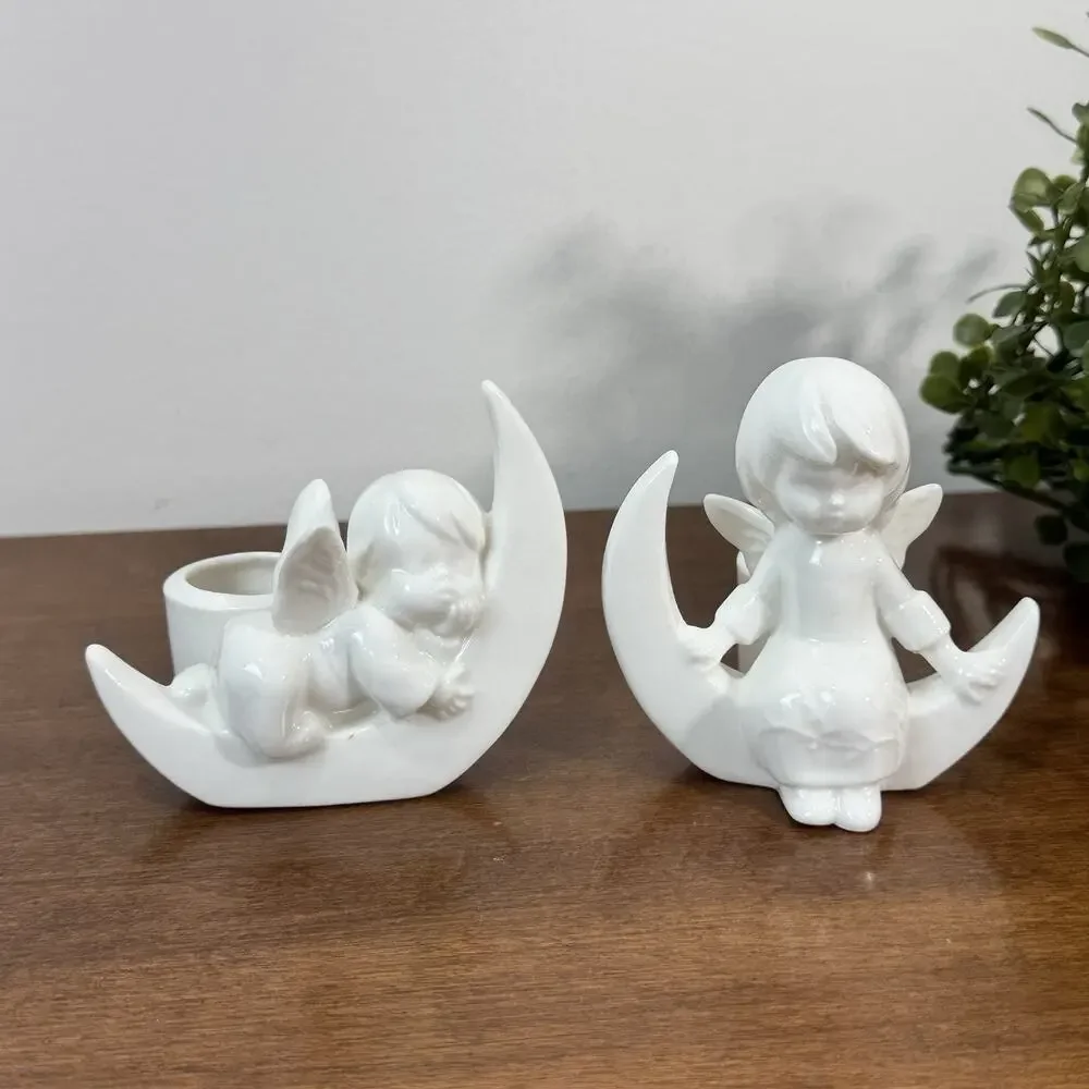 Vintage CCCC Angel On Moon Taper Candle Holders Japan Colonial of Cape Cod